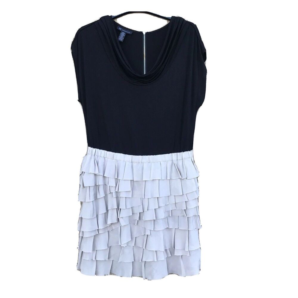 INC Dress LARGE Black‎ Top Drape Neck Taupe Tiered Silk Skirt Stretch